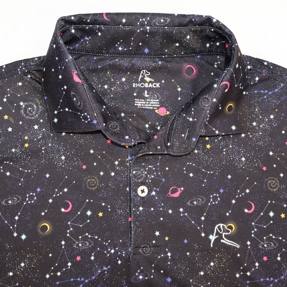 Rhoback The Space Shirt Galaxy Outer Space Mens Performance Polo Shirt L Black